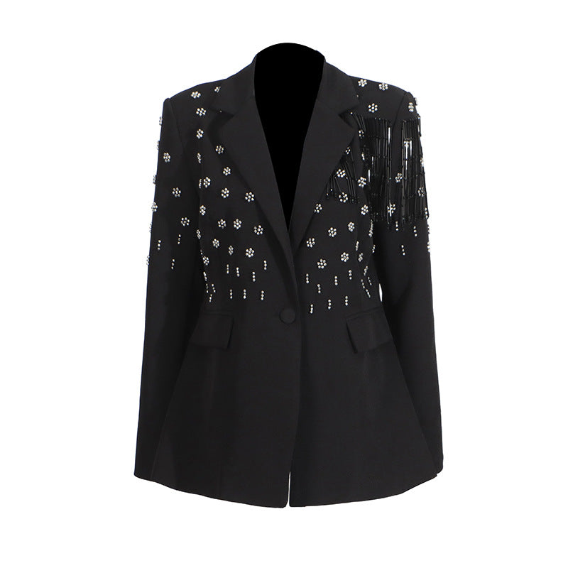 Elegant Solid Color Suit Jacket with Tassel Design for Women