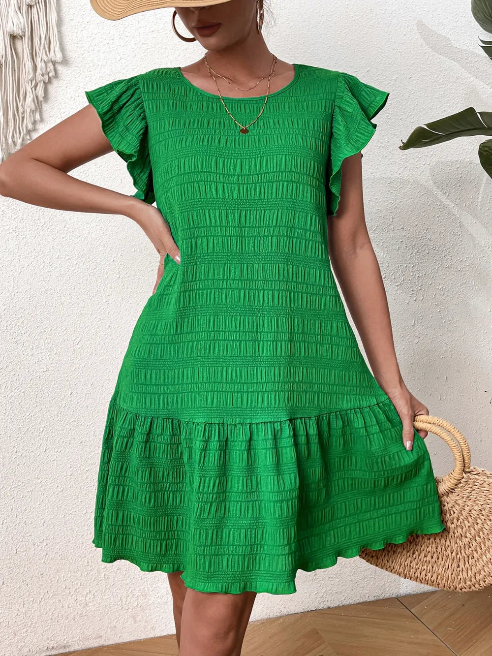 Textured Round Neck Ruffle Hem Dress - Korvel