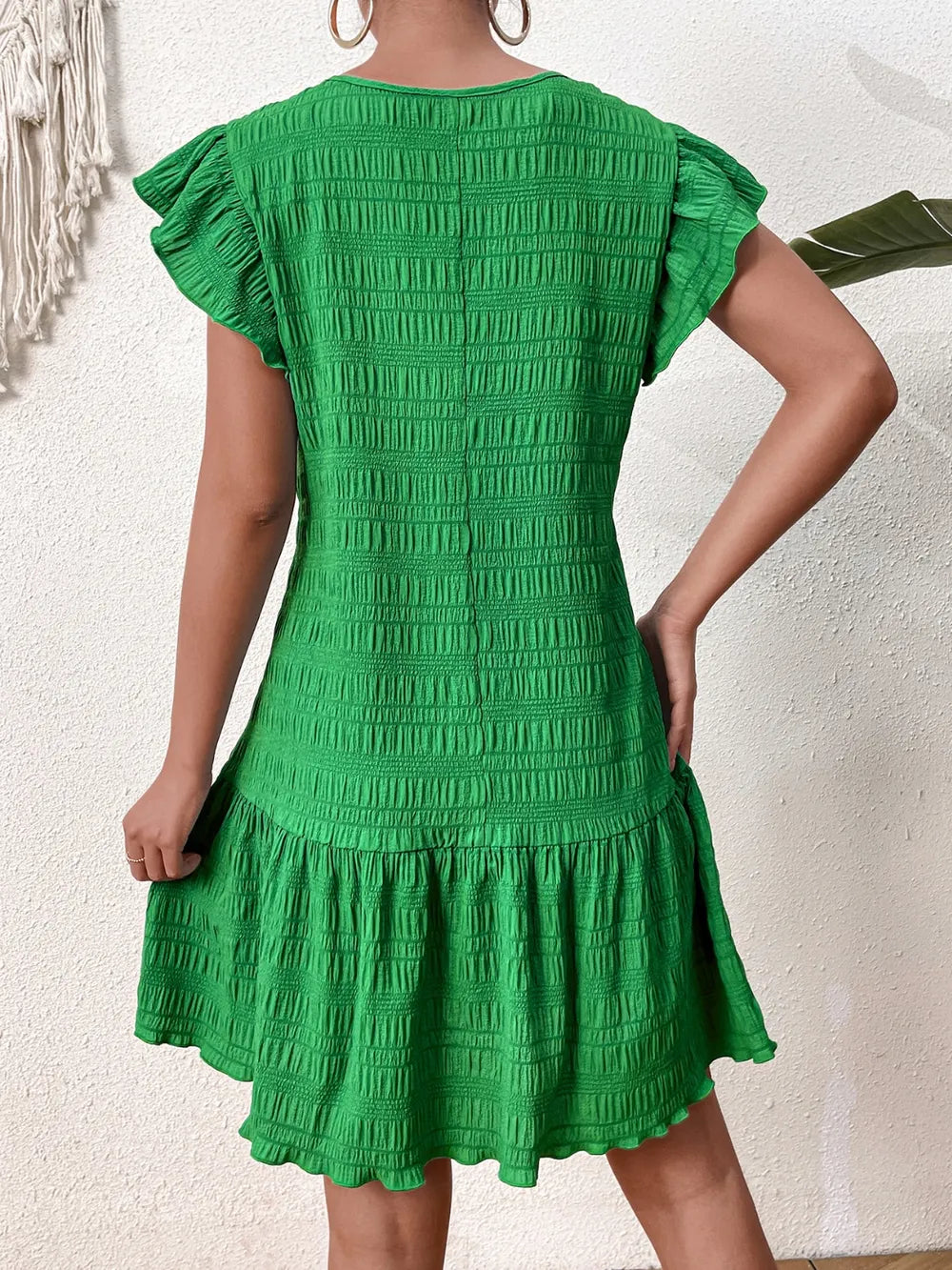 Textured Round Neck Ruffle Hem Dress - Korvel