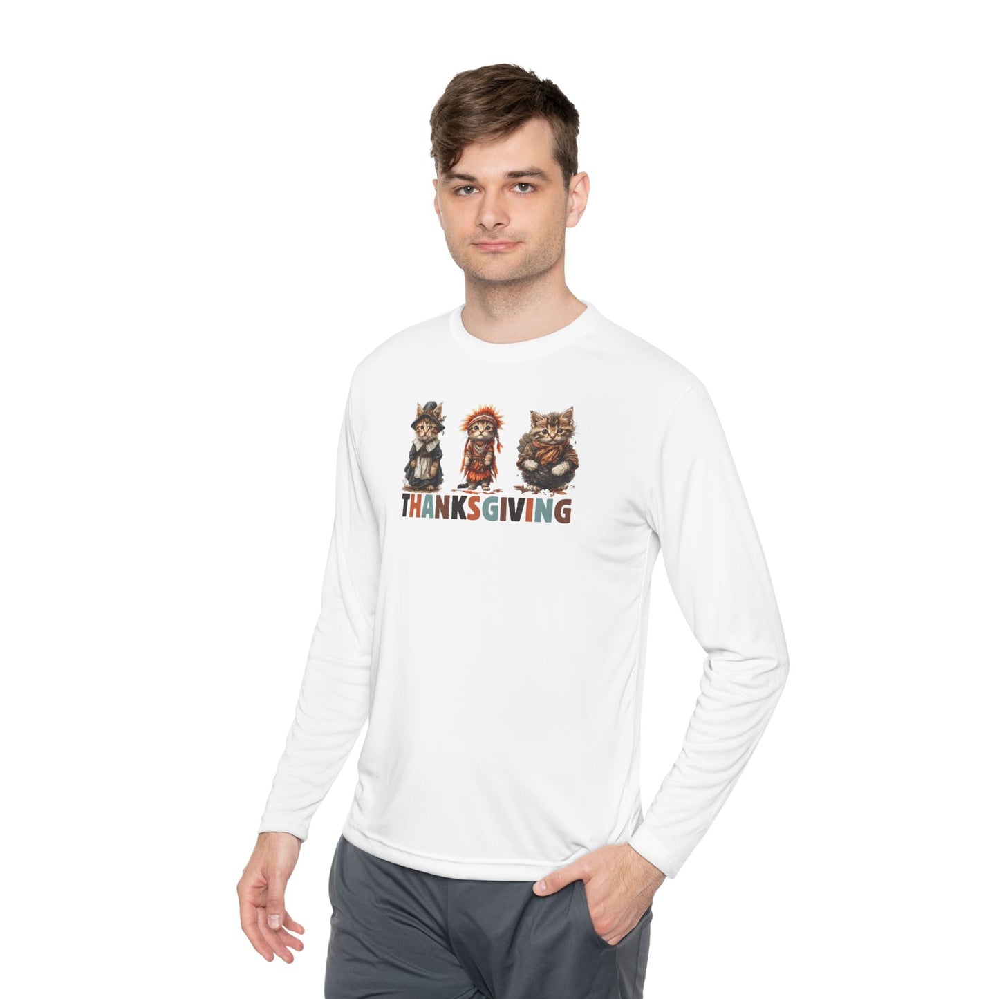 Camiseta de manga larga temática de gato para el Día de Acción de Gracias para uso unisex