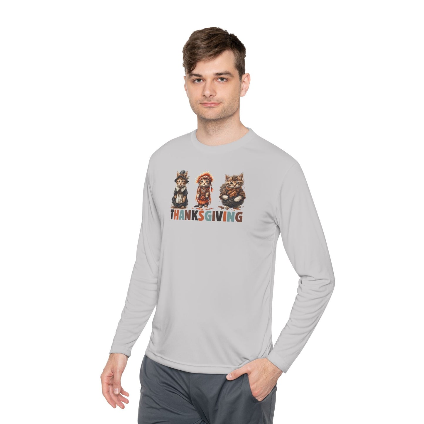 Camiseta de manga larga temática de gato para el Día de Acción de Gracias para uso unisex