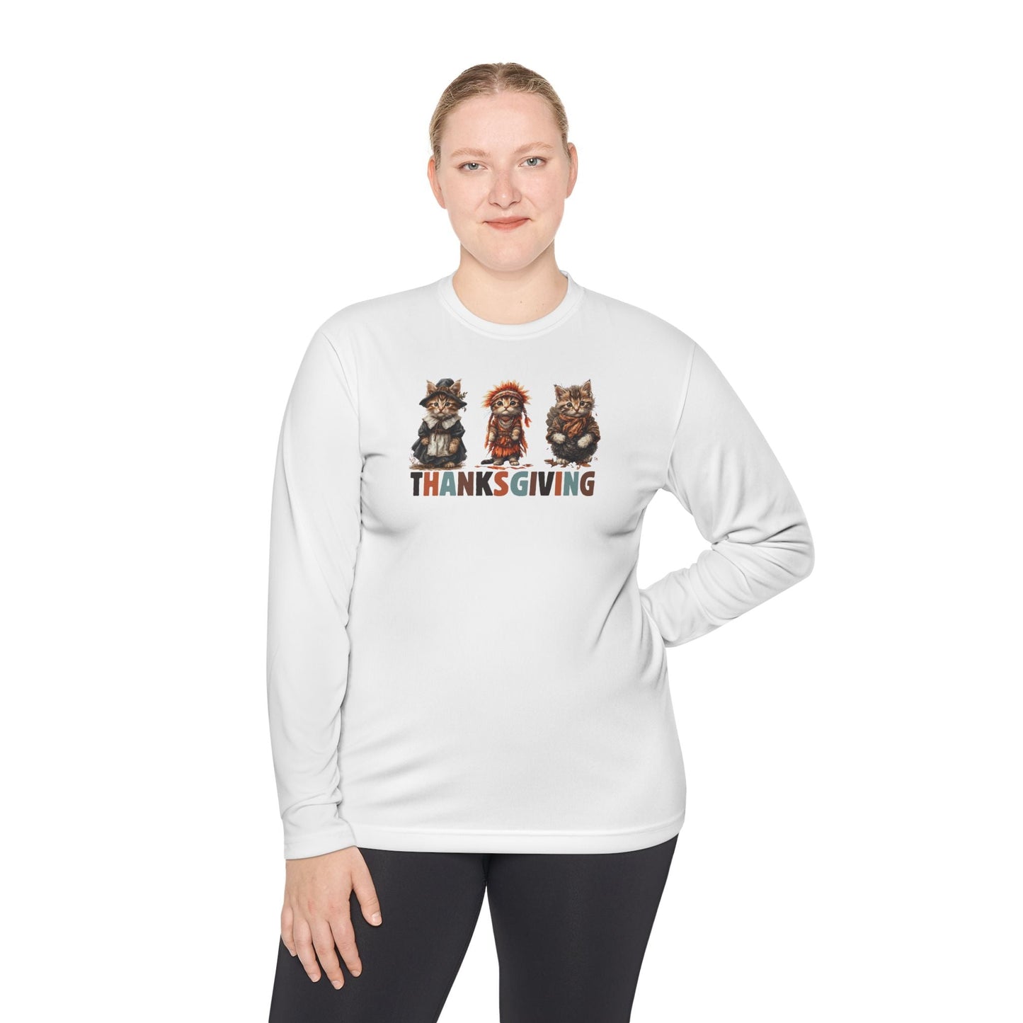 Camiseta de manga larga temática de gato para el Día de Acción de Gracias para uso unisex
