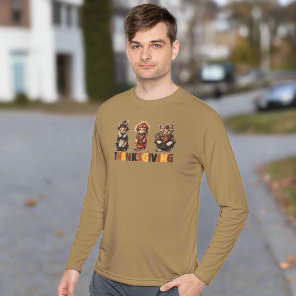 Camiseta de manga larga temática de gato para el Día de Acción de Gracias para uso unisex