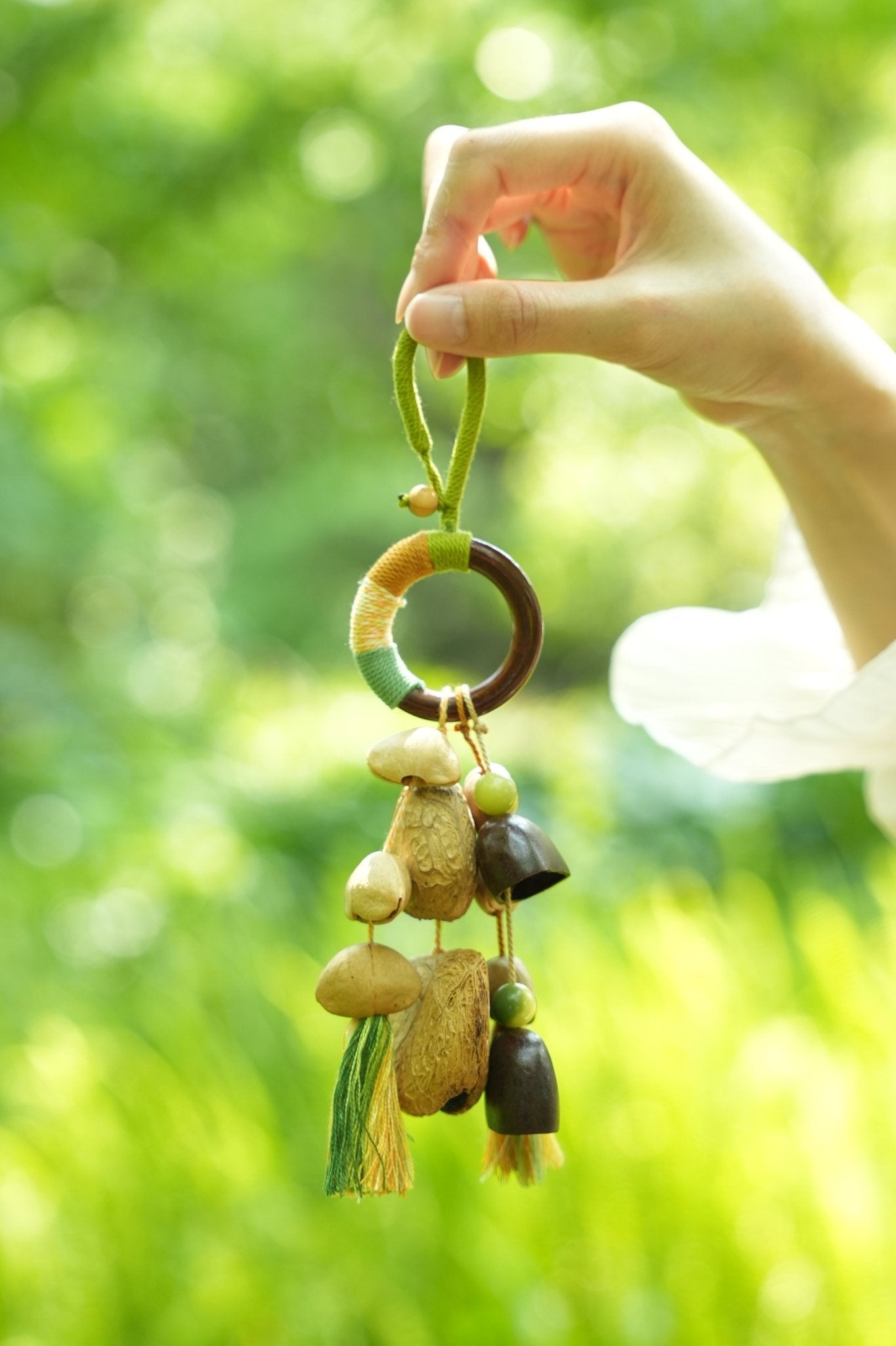 The Forest Rattle - Colorful Wood Ring & Nut Shell Bag Charm