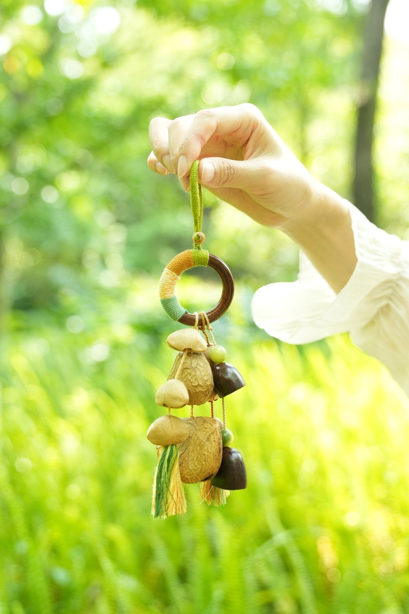 The Forest Rattle - Colorful Wood Ring & Nut Shell Bag Charm