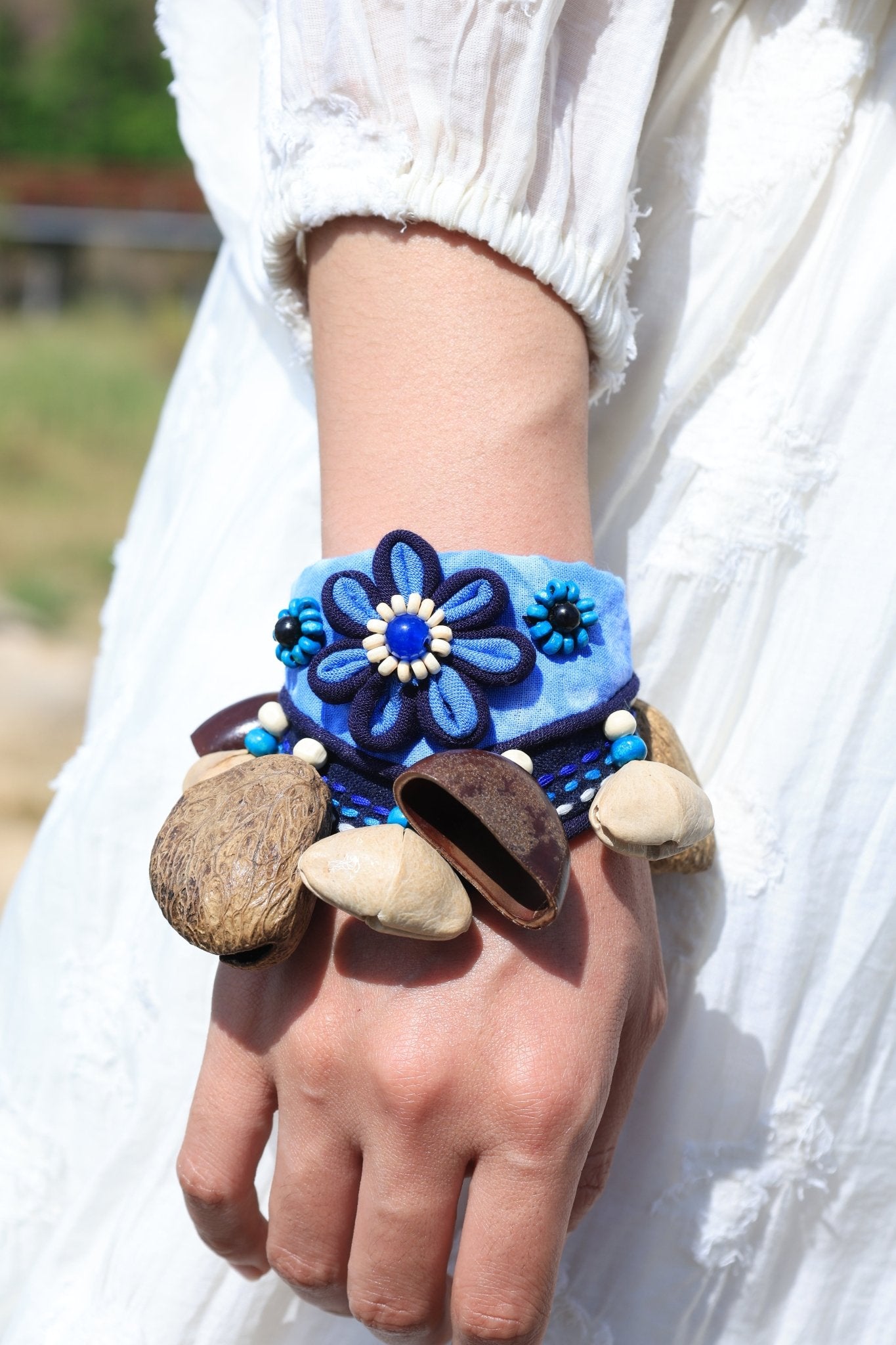 The Indigo Flower Rattle - Handcrafted Wrist Percussion Bracelet