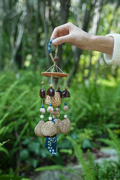 The Indigo Harvest - Rattan Basket & Shibori Fabric Wind Chime