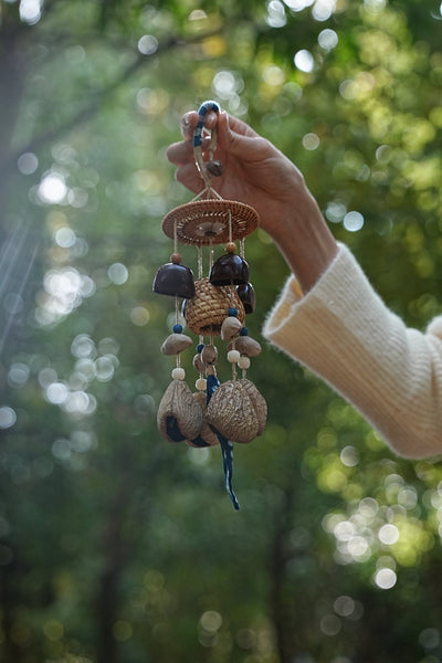 The Indigo Harvest - Rattan Basket & Shibori Fabric Wind Chime