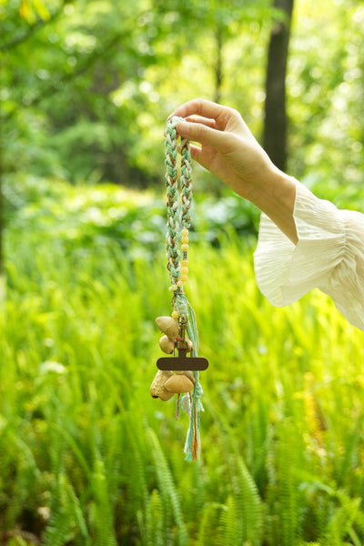 The Meadow Breeze - Macramé Phone Wristlet with Natural Seeds & Gemstones