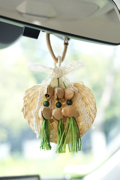 The Meadow Breeze - Woven Straw Fan Ornament with Lace & Green Tassels