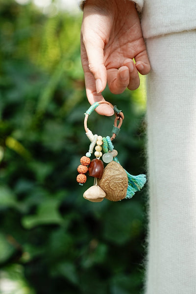 The Mint Breeze - Hand-Wrapped Tassel Charm with Rudraksha & Jade Bead