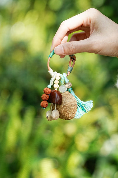 The Mint Breeze - Hand-Wrapped Tassel Charm with Rudraksha & Jade Bead