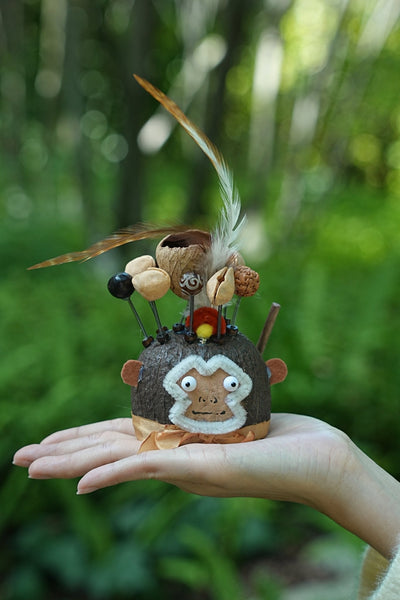 The Monkey King Guardian - Nut Shell Monkey Doll with Feathers & Staff