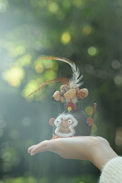 The Monkey King Guardian - Nut Shell Monkey Doll with Feathers & Staff