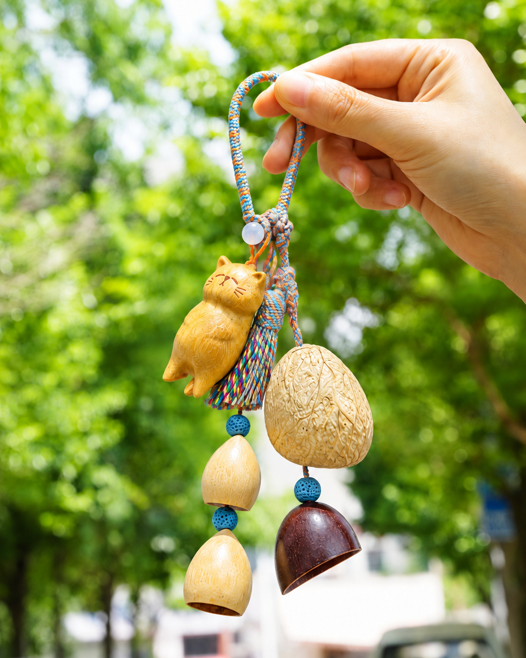 The Naptime Kitty - Hand-Carved Wooden Cat Charm with Natural Seeds & Tassel