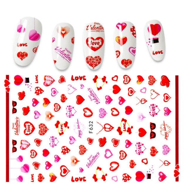Calcomanías de Arte de Uñas 3D - Letras en Inglés y Diseños de Corazón