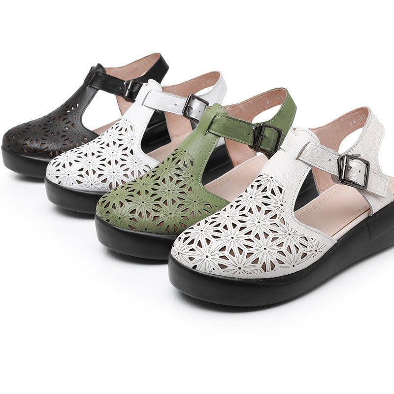 Thick soled toe sandals women's genuine leather sponge cake wedge heel hollowed out hole shoes flat bottomed women's shoes - Korvel