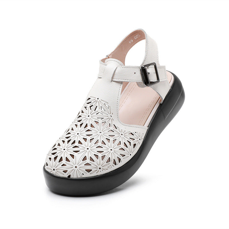 Thick soled toe sandals women's genuine leather sponge cake wedge heel hollowed out hole shoes flat bottomed women's shoes - Korvel