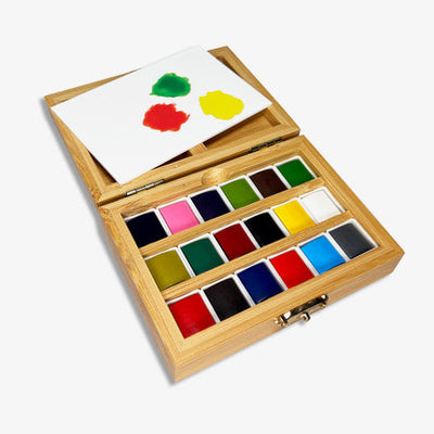 Eco-Friendly Watercolor Set in Bamboo Box - 18 Pans