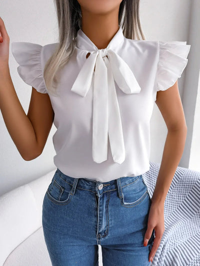 Elegant Tie Neck Cap Sleeve Blouse