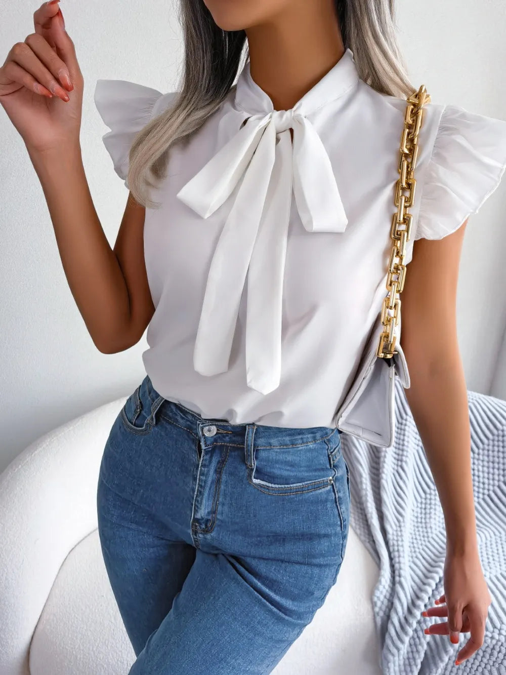 Elegant Tie Neck Cap Sleeve Blouse