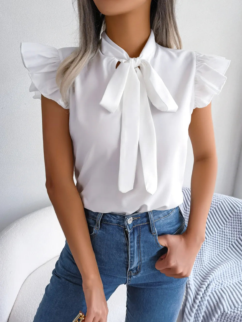 Elegant Tie Neck Cap Sleeve Blouse