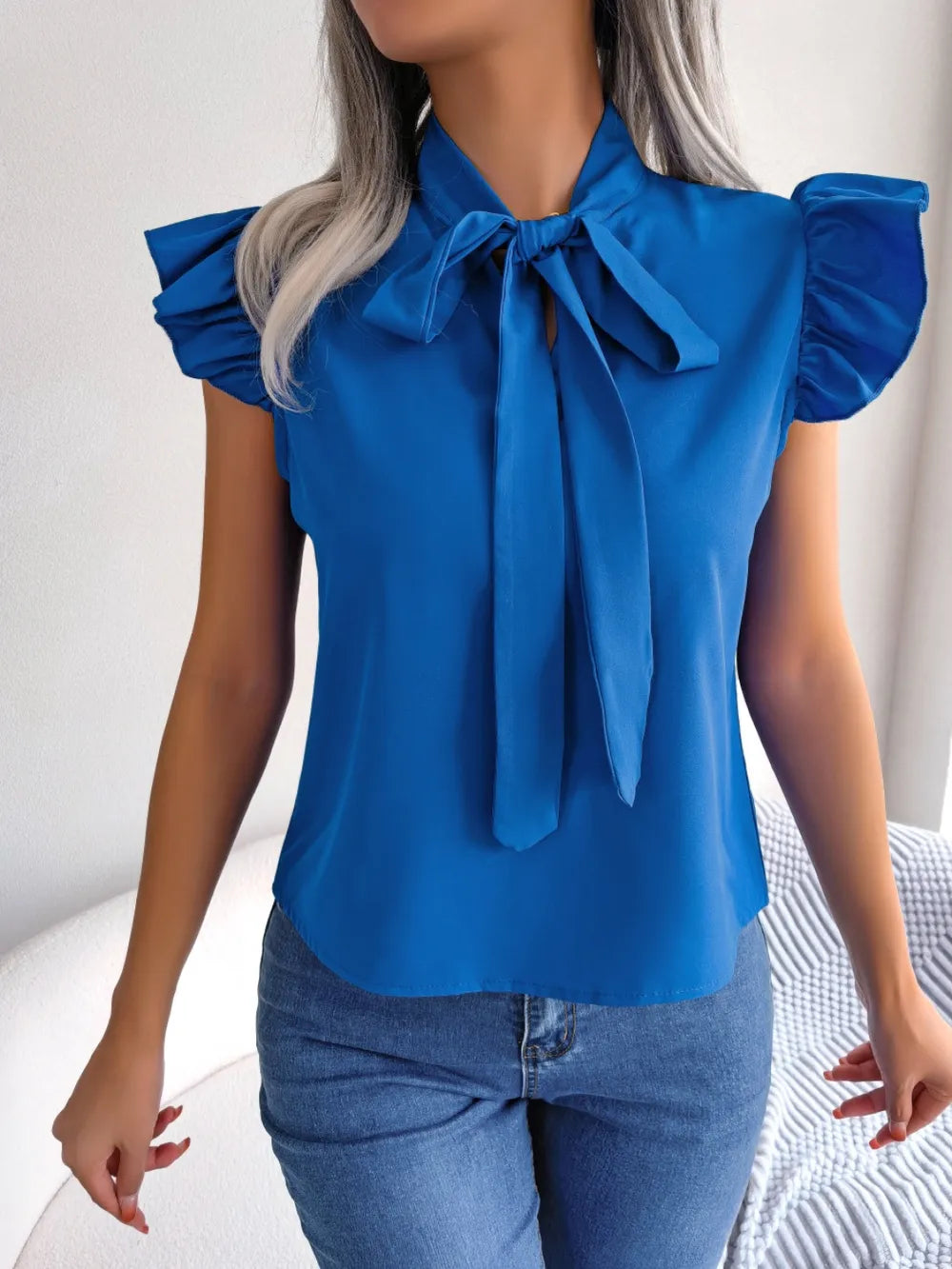 Elegant Tie Neck Cap Sleeve Blouse