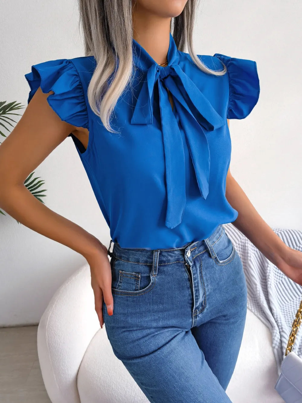 Elegant Tie Neck Cap Sleeve Blouse