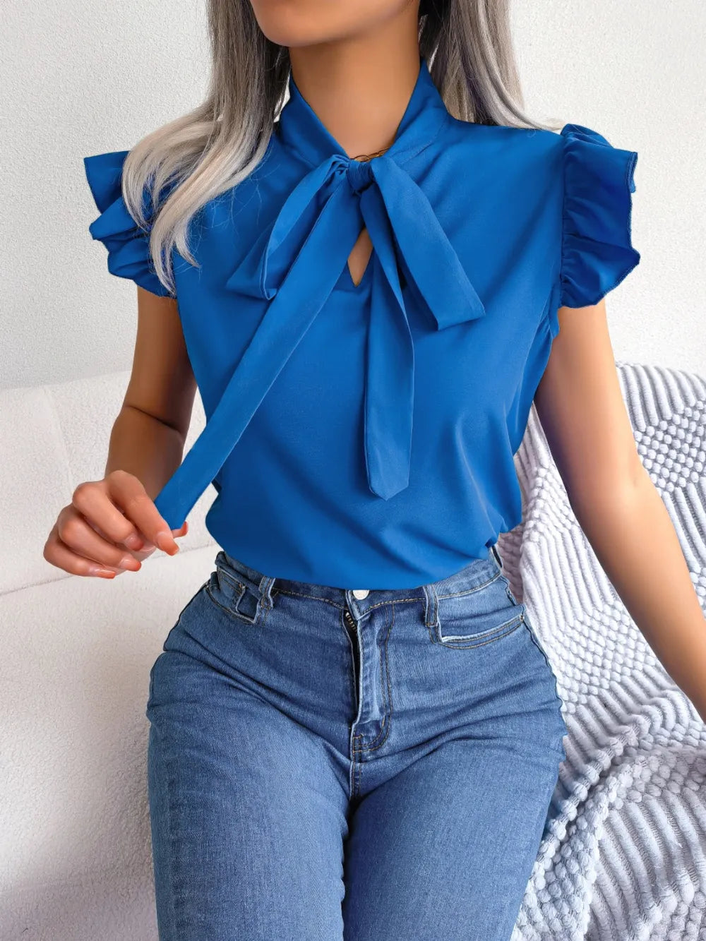 Elegant Tie Neck Cap Sleeve Blouse