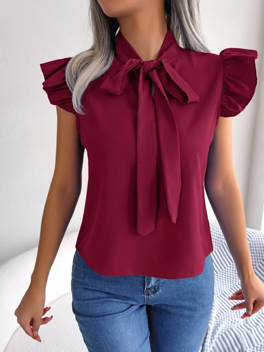 Elegant Tie Neck Cap Sleeve Blouse