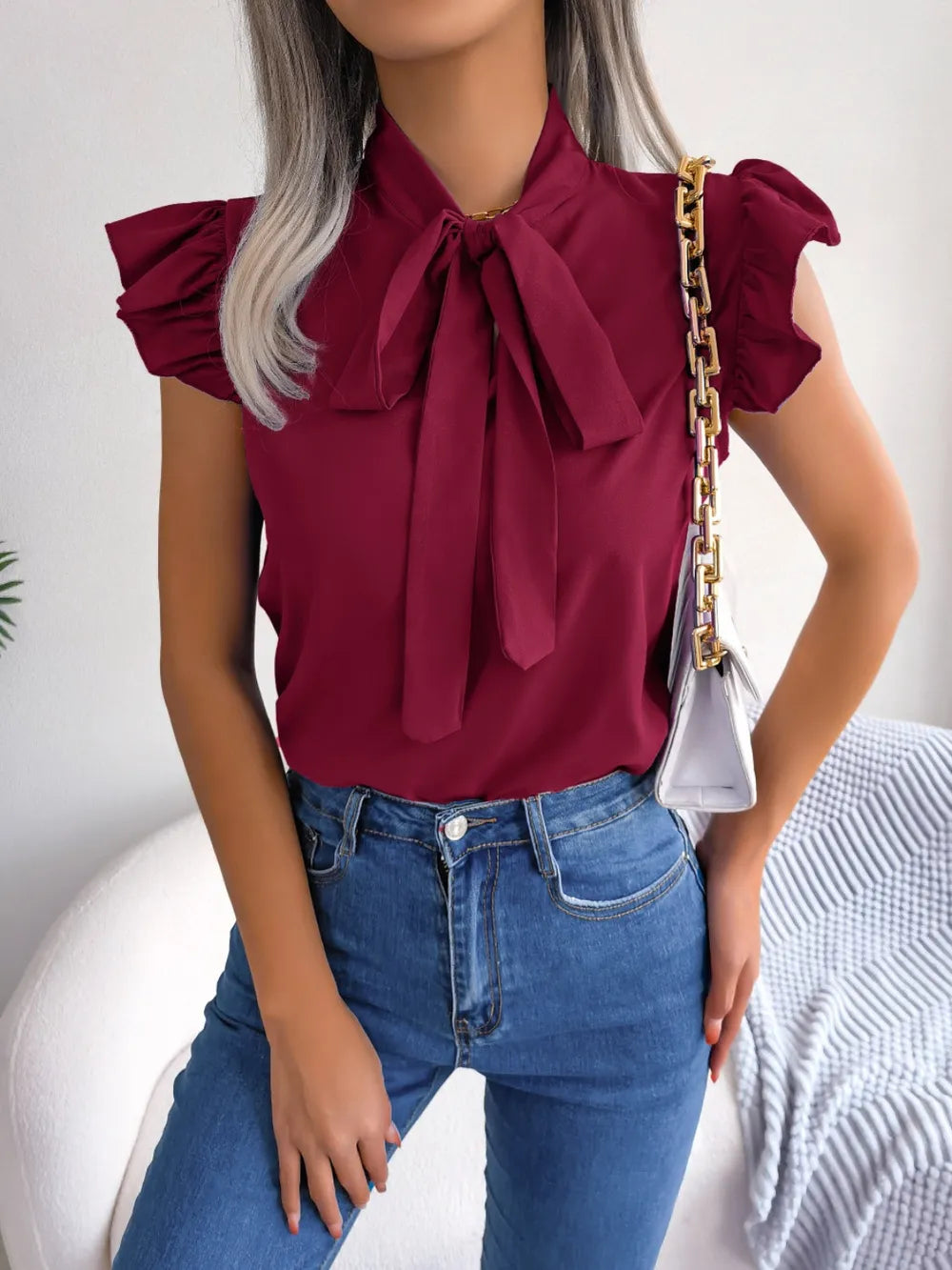 Elegant Tie Neck Cap Sleeve Blouse