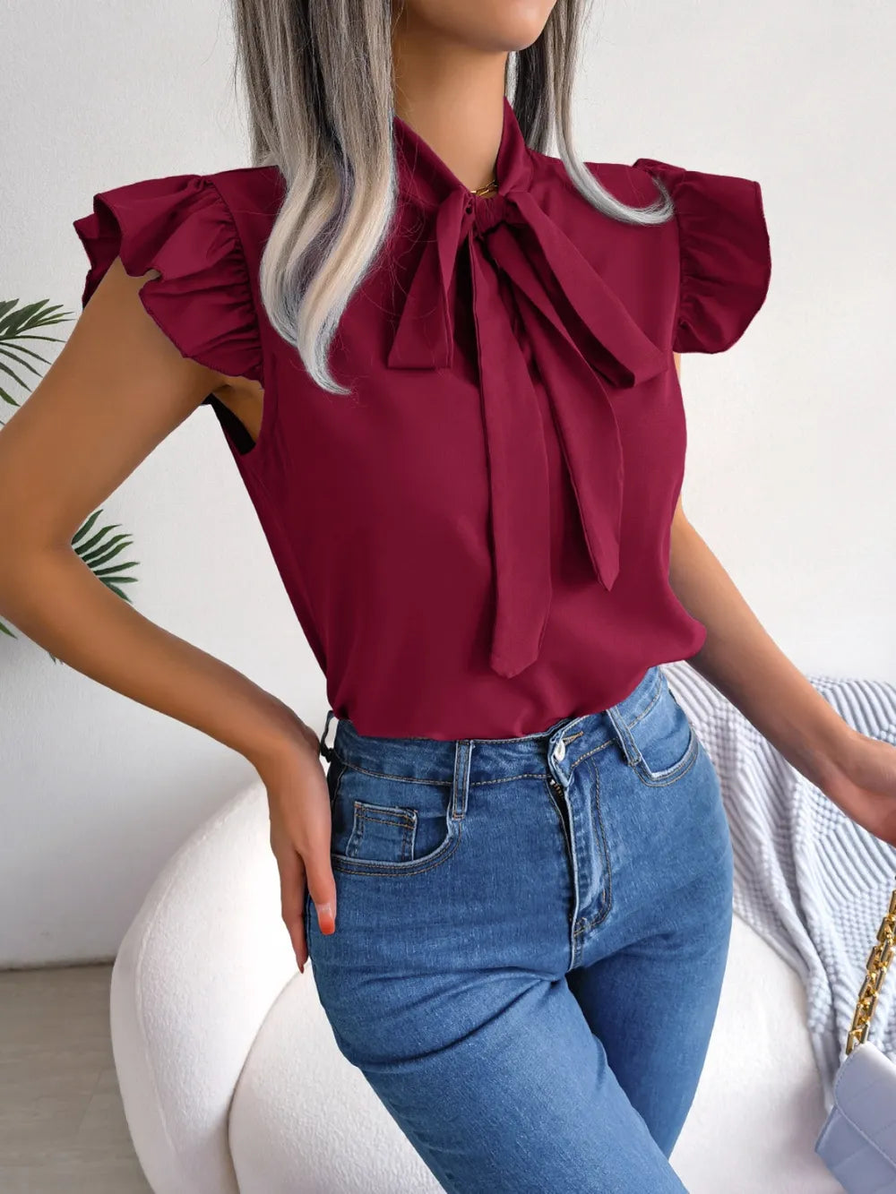Elegant Tie Neck Cap Sleeve Blouse