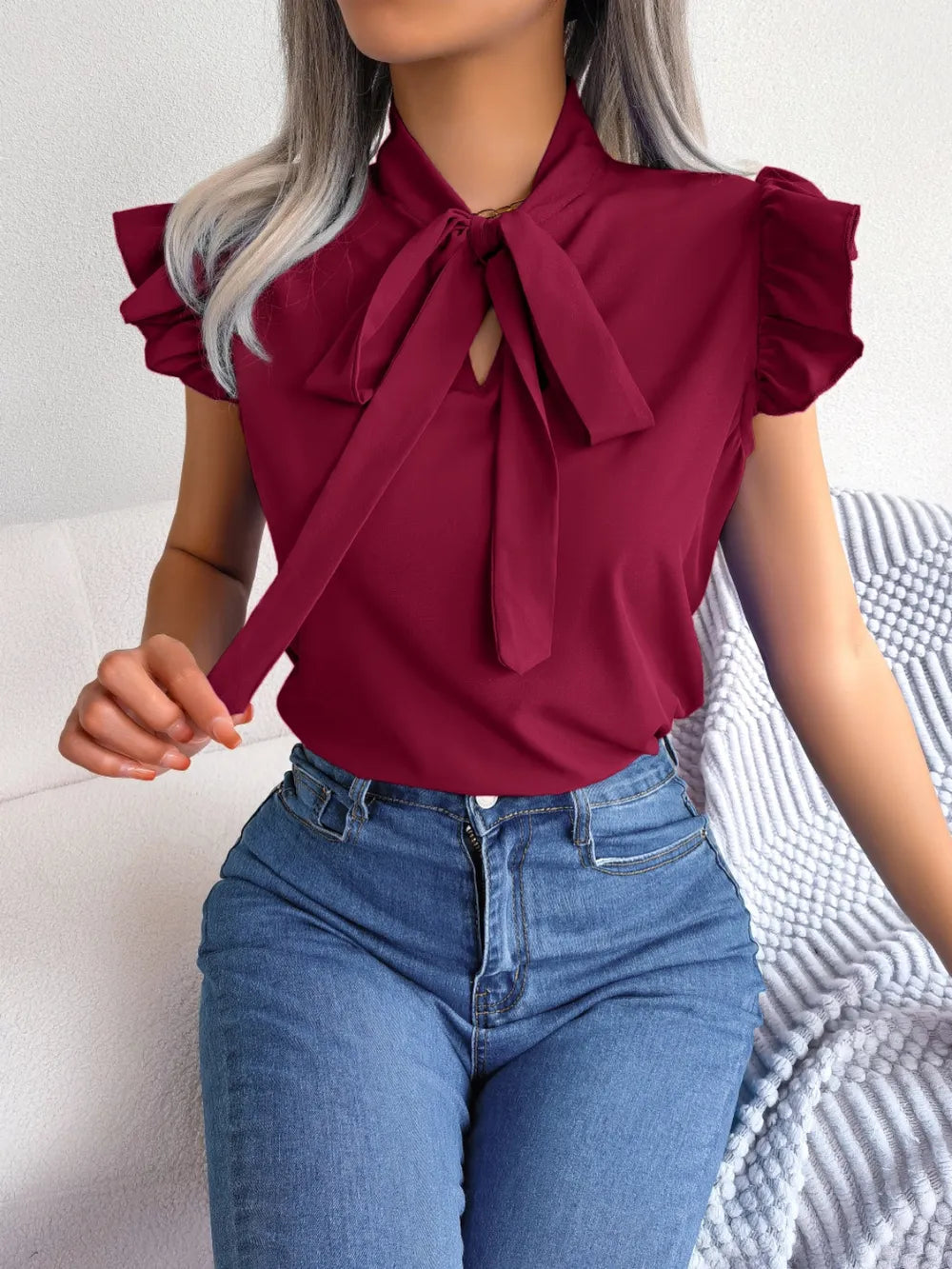 Elegant Tie Neck Cap Sleeve Blouse