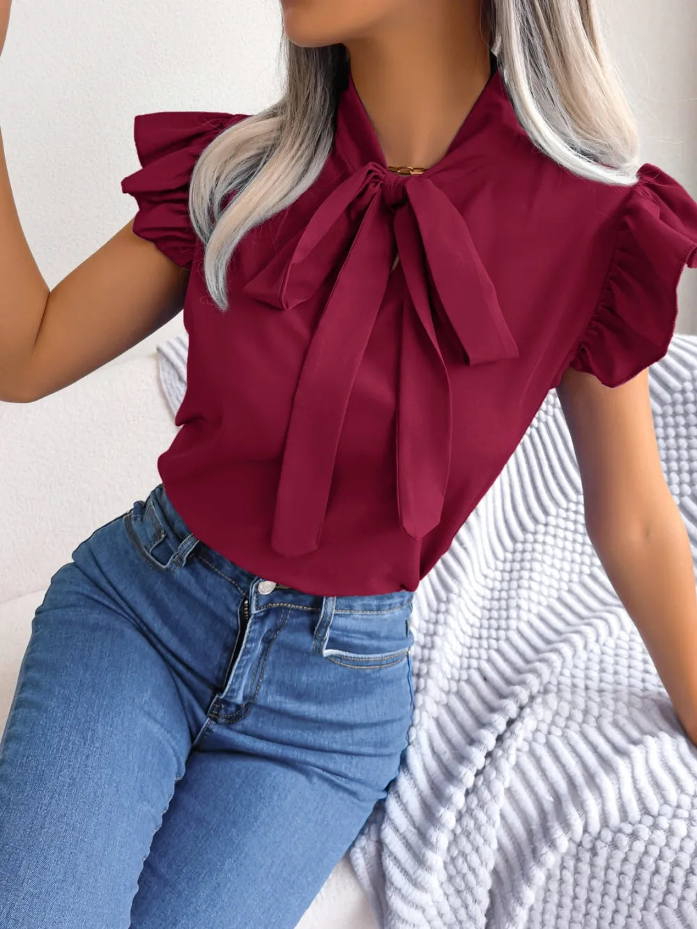 Elegant Tie Neck Cap Sleeve Blouse