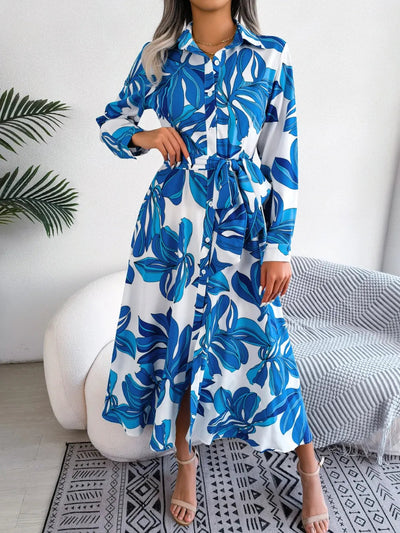 Tied Button Up Long Sleeve Dress - Korvel