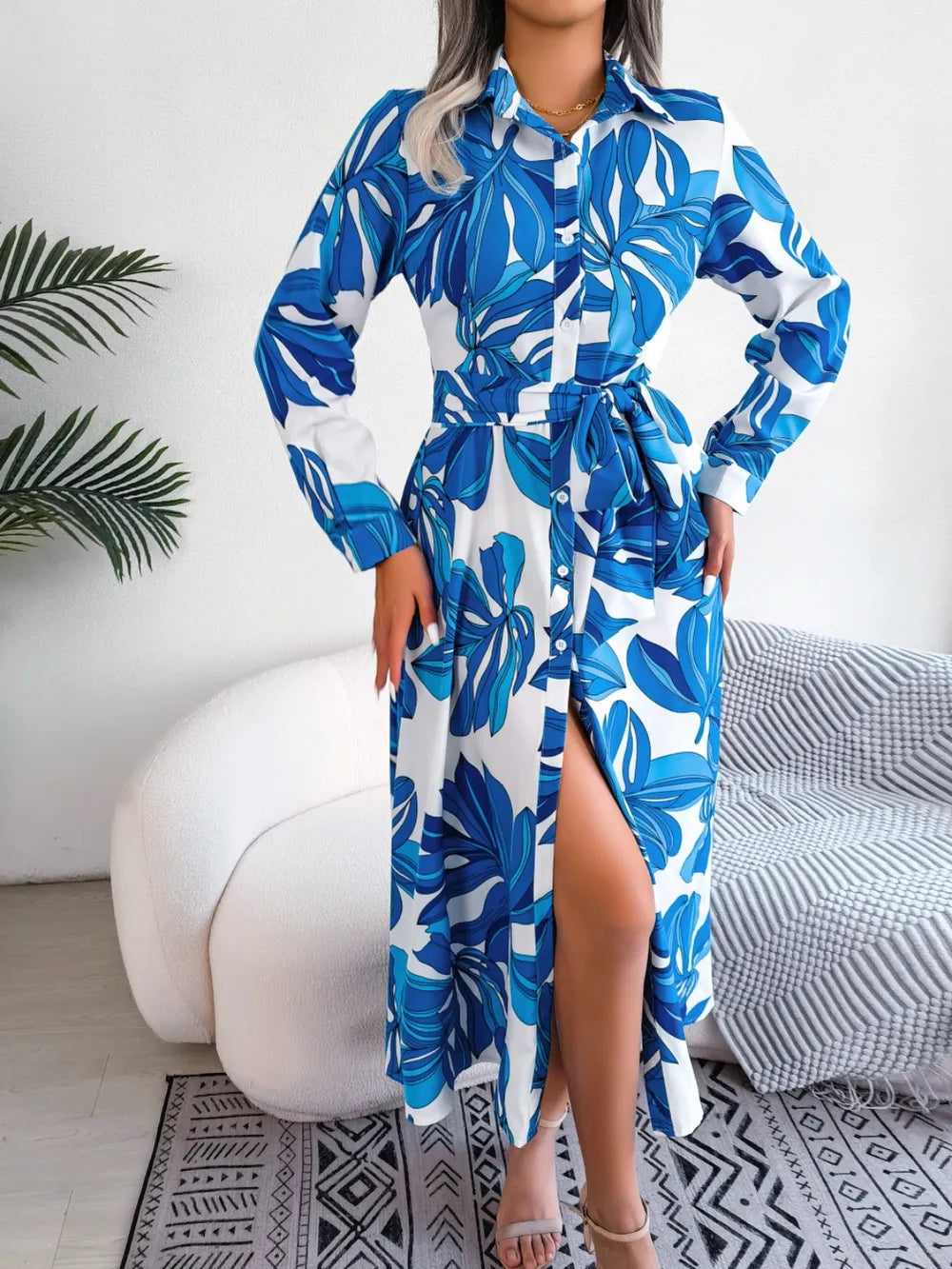 Tied Button Up Long Sleeve Dress - Korvel