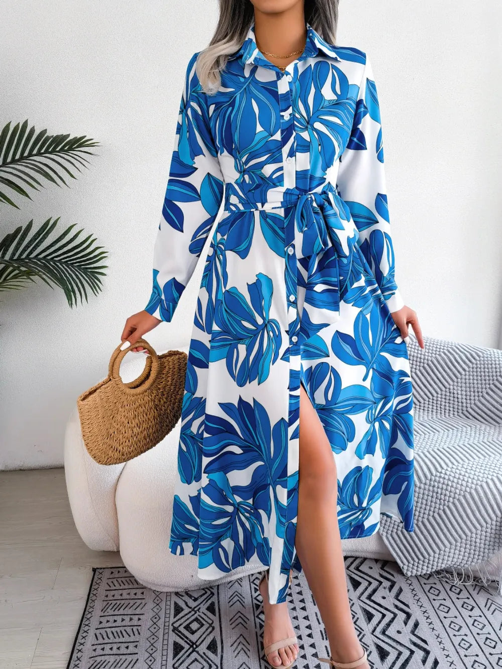 Tied Button Up Long Sleeve Dress - Korvel
