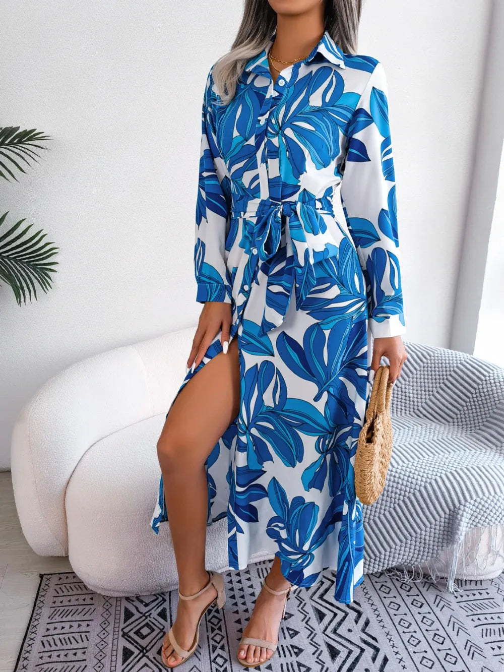Tied Button Up Long Sleeve Dress - Korvel