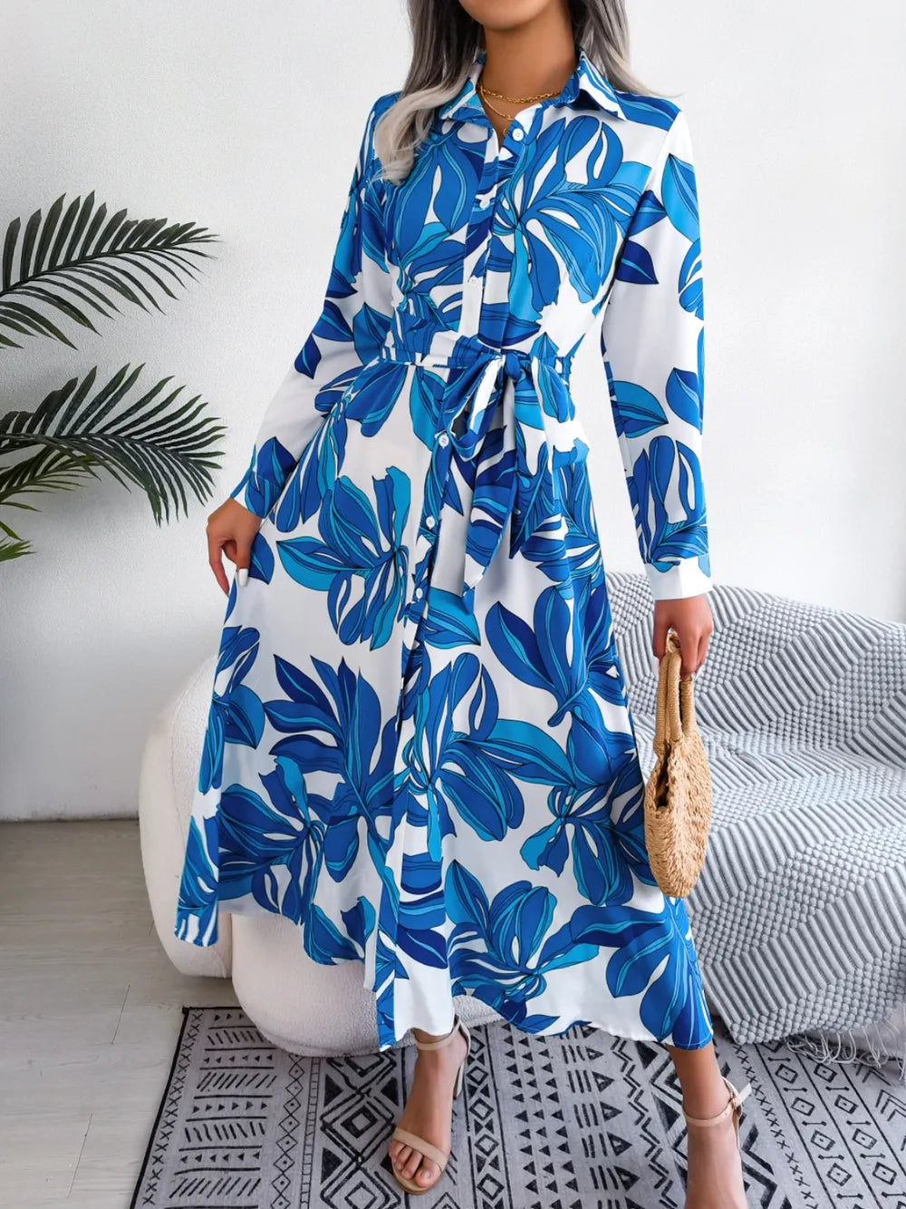Tied Button Up Long Sleeve Dress - Korvel