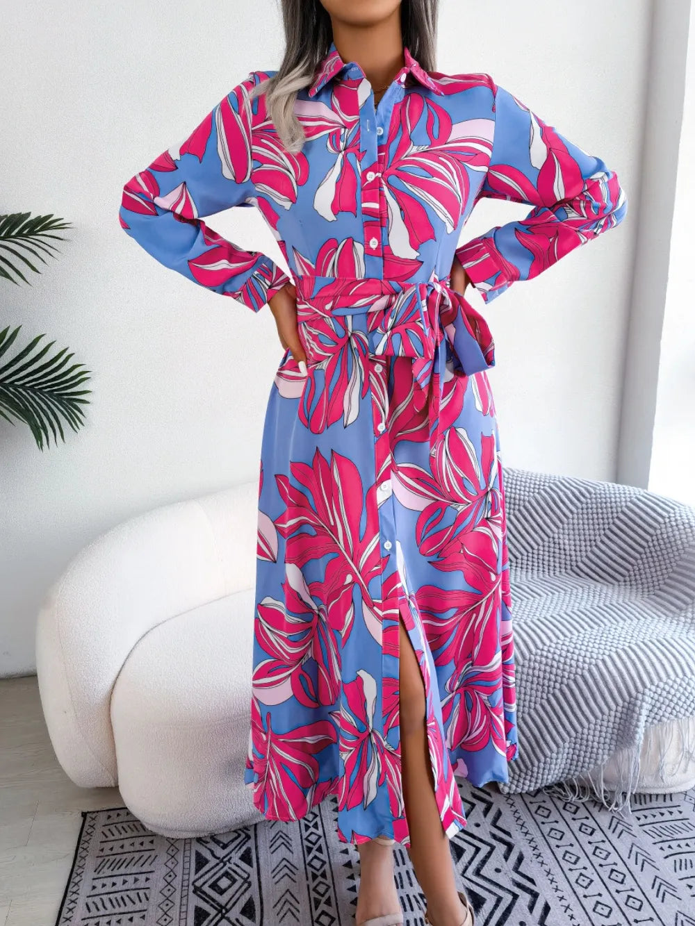 Tied Button Up Long Sleeve Dress - Korvel