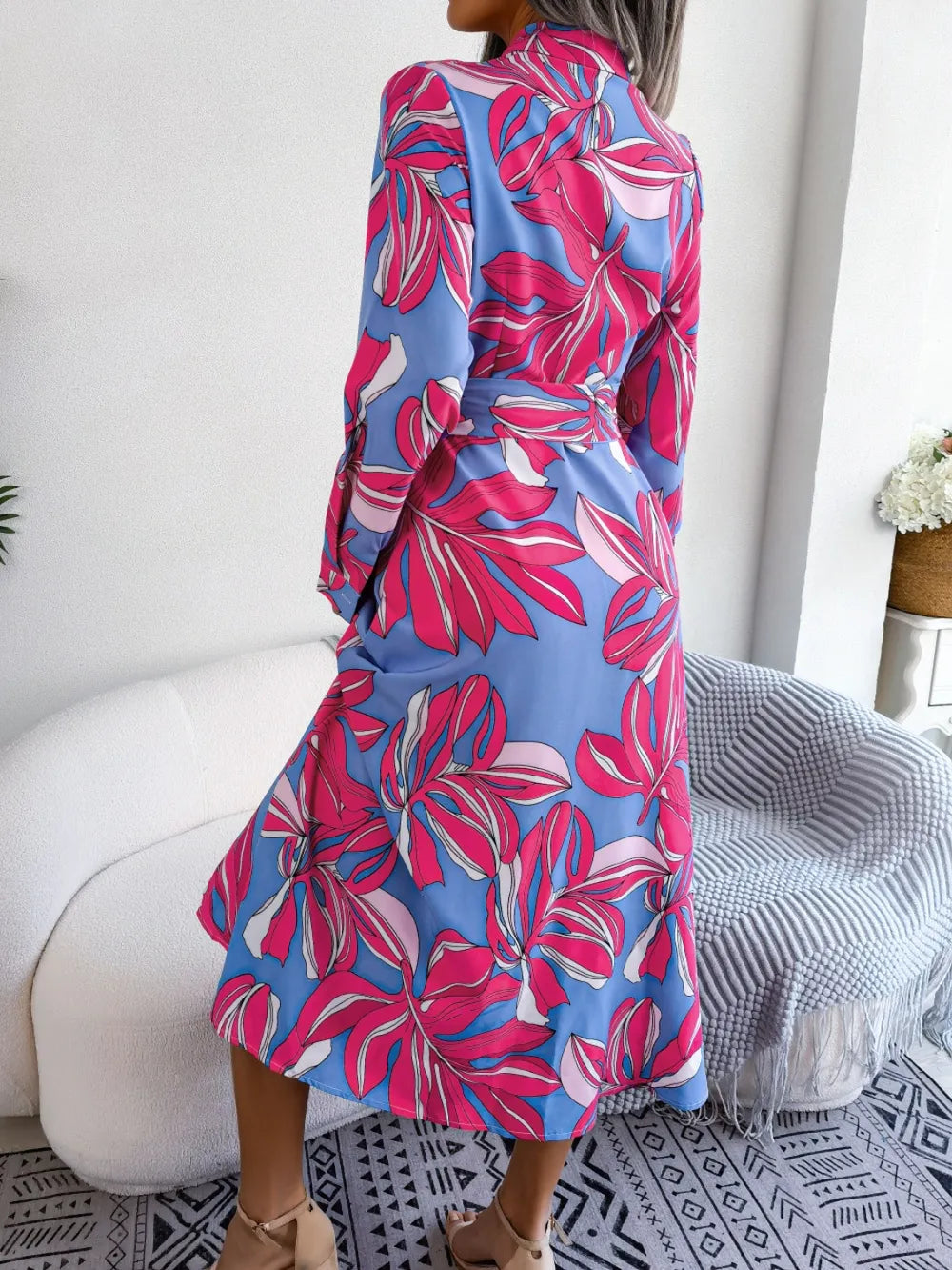 Tied Button Up Long Sleeve Dress - Korvel