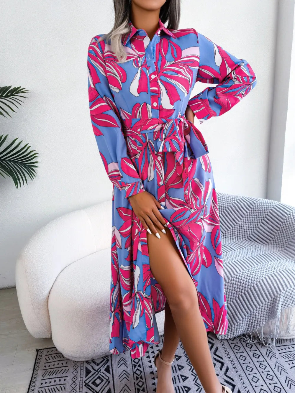 Tied Button Up Long Sleeve Dress - Korvel