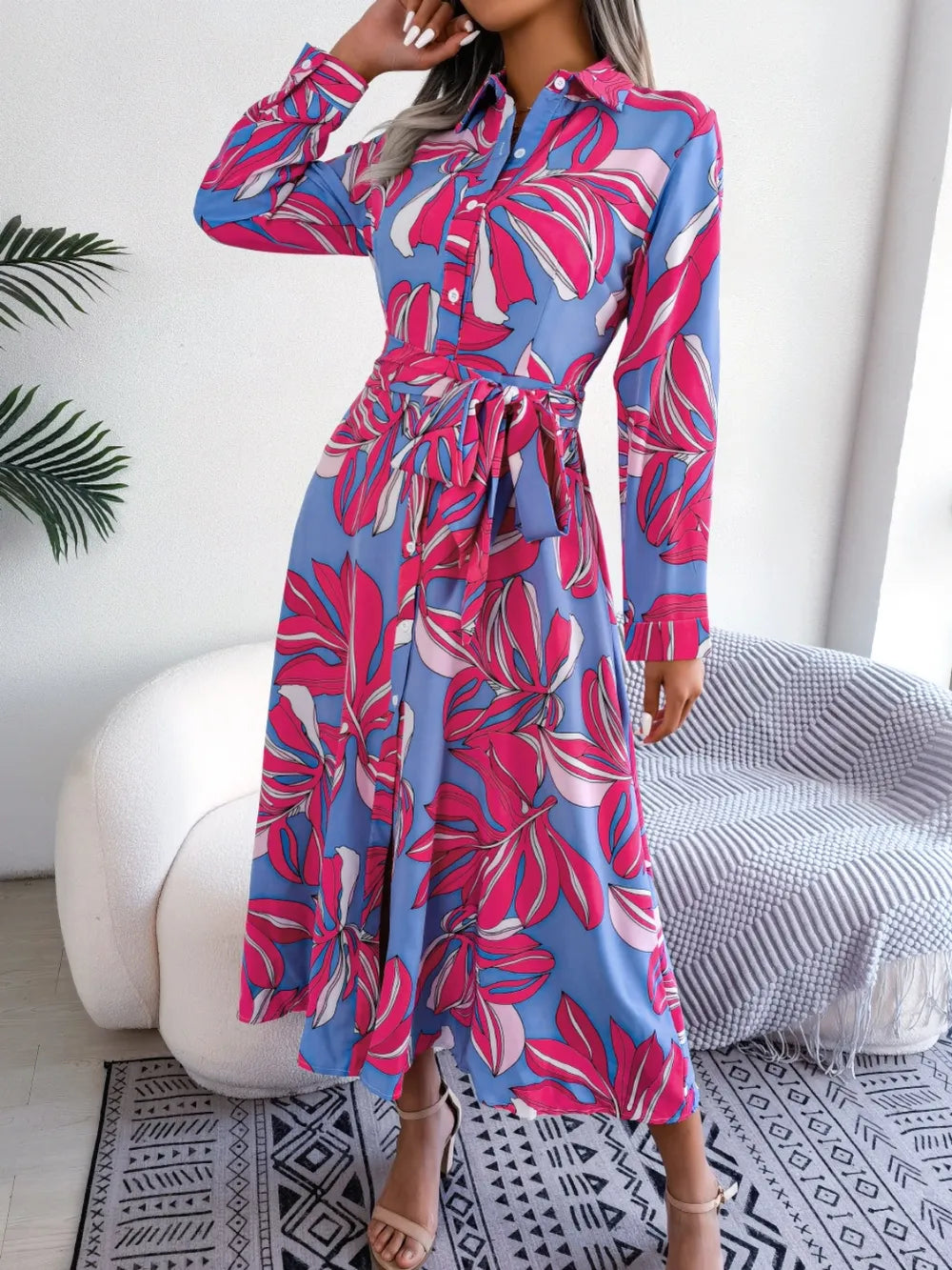 Tied Button Up Long Sleeve Dress - Korvel
