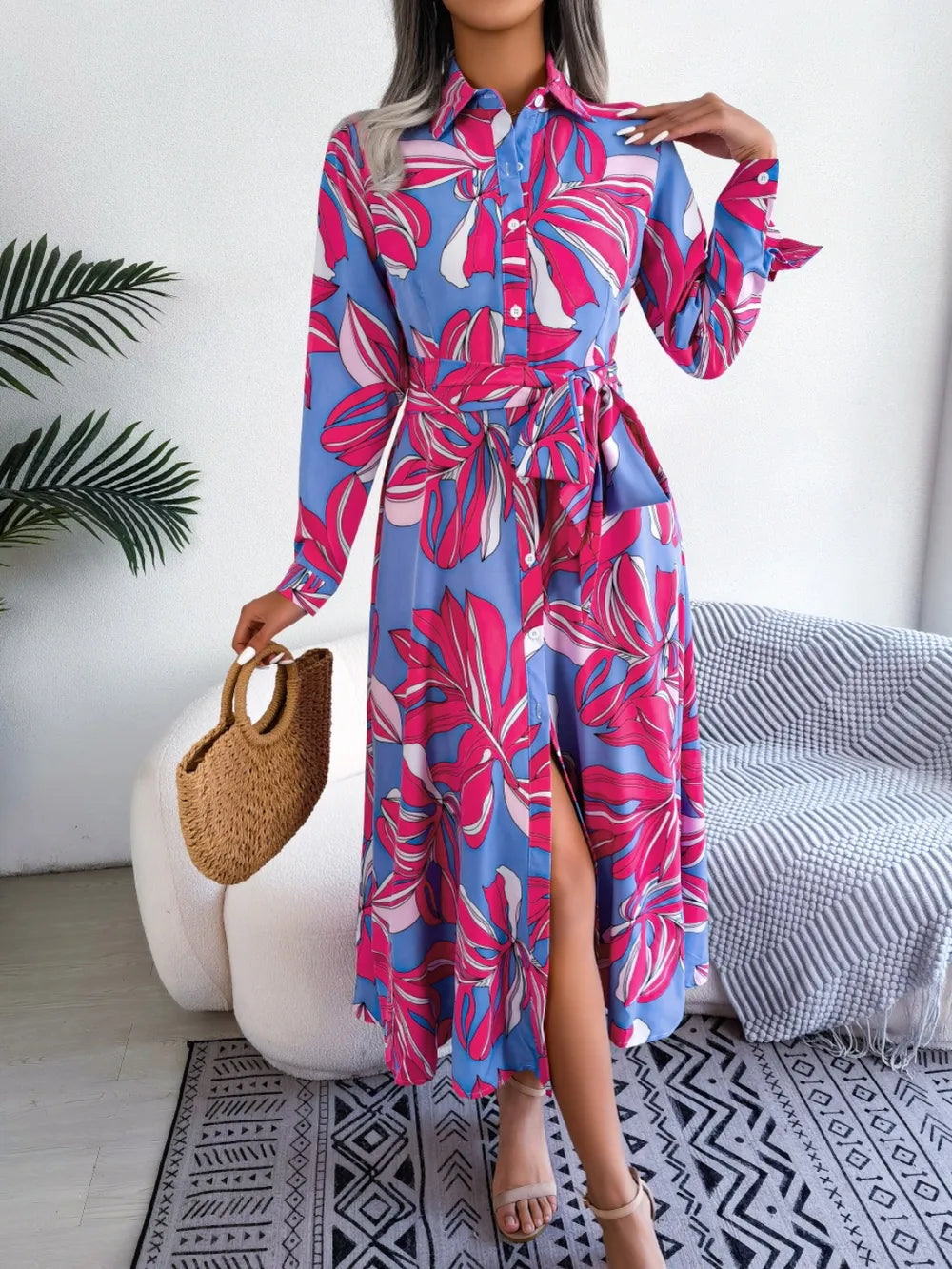 Tied Button Up Long Sleeve Dress - Korvel