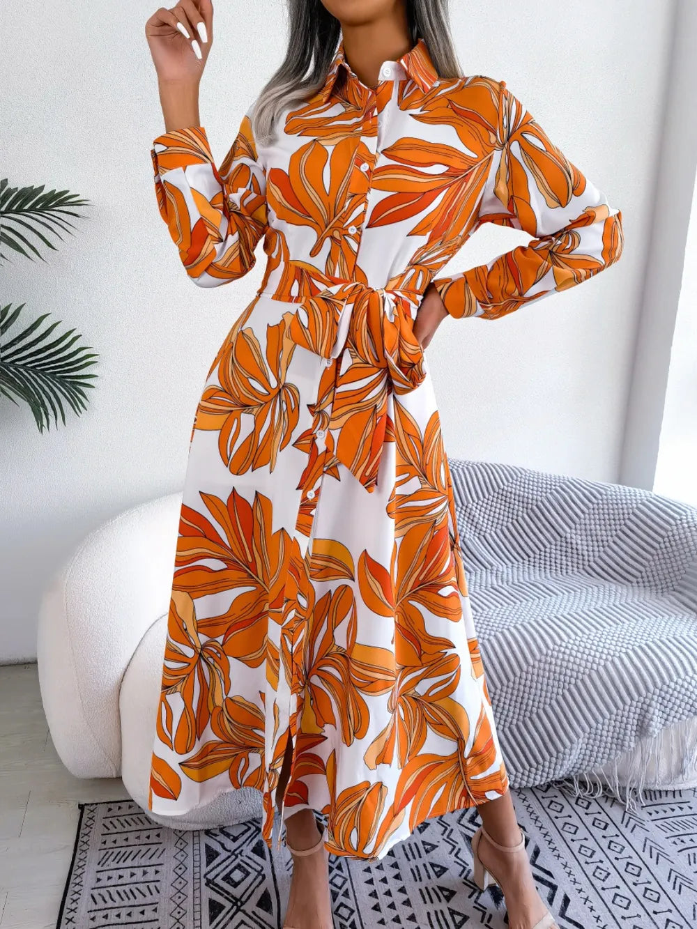 Tied Button Up Long Sleeve Dress - Korvel