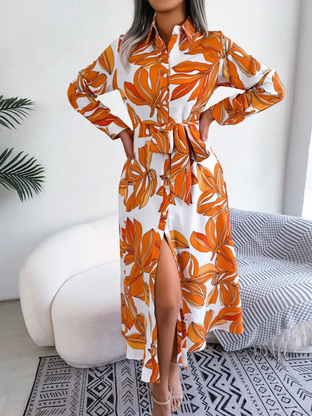 Tied Button Up Long Sleeve Dress - Korvel