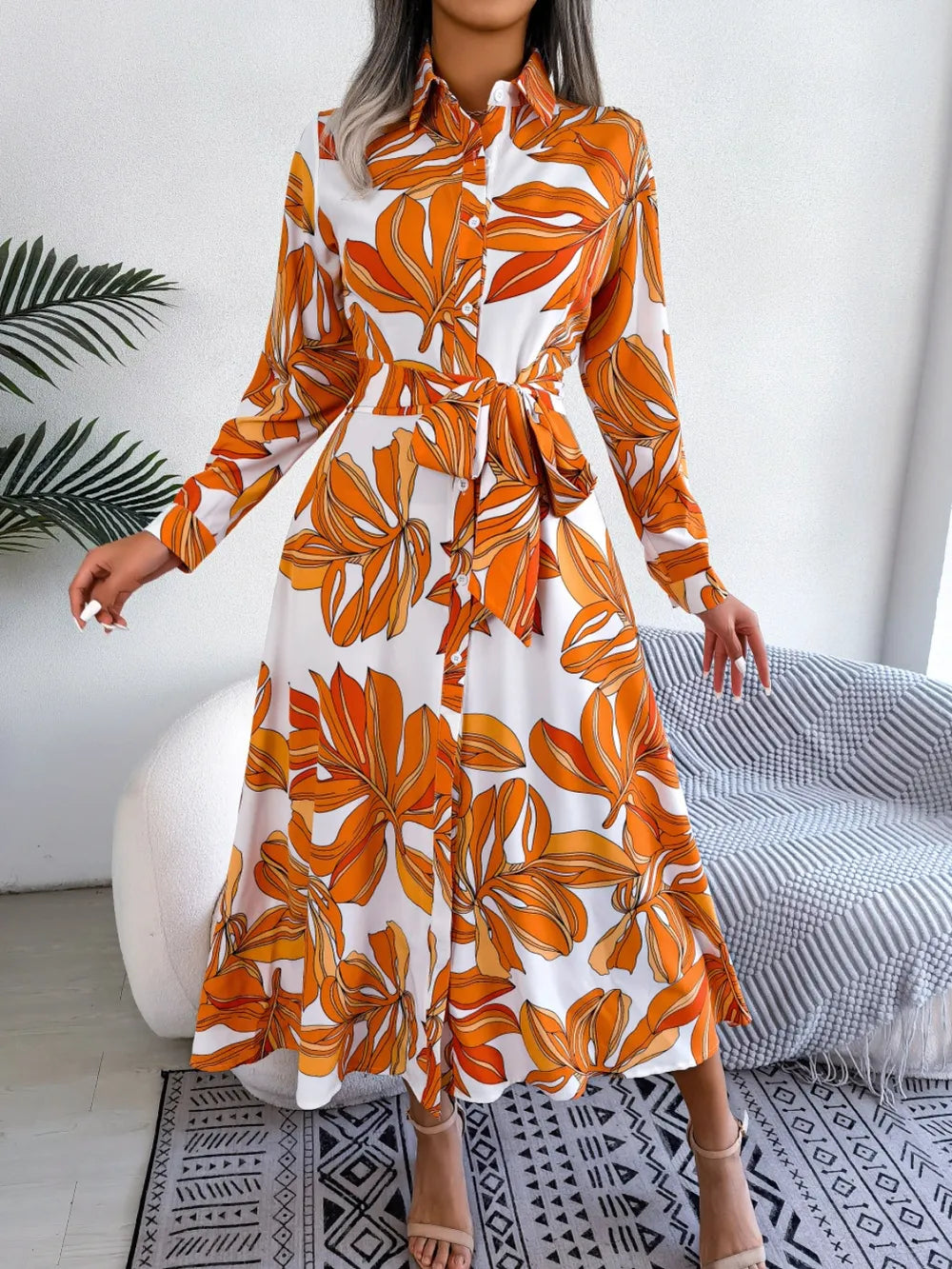 Tied Button Up Long Sleeve Dress - Korvel