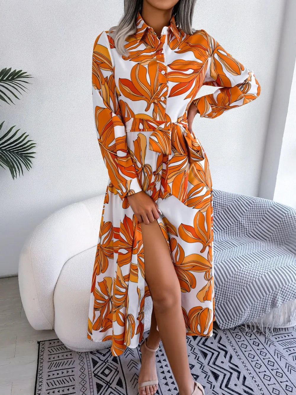 Tied Button Up Long Sleeve Dress - Korvel