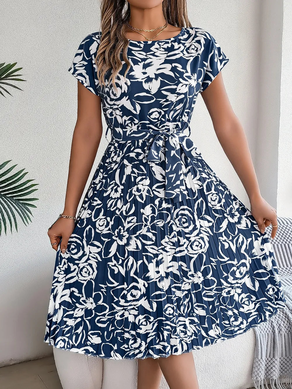 Tied Pleated Printed Short Sleeve Dress - Korvel