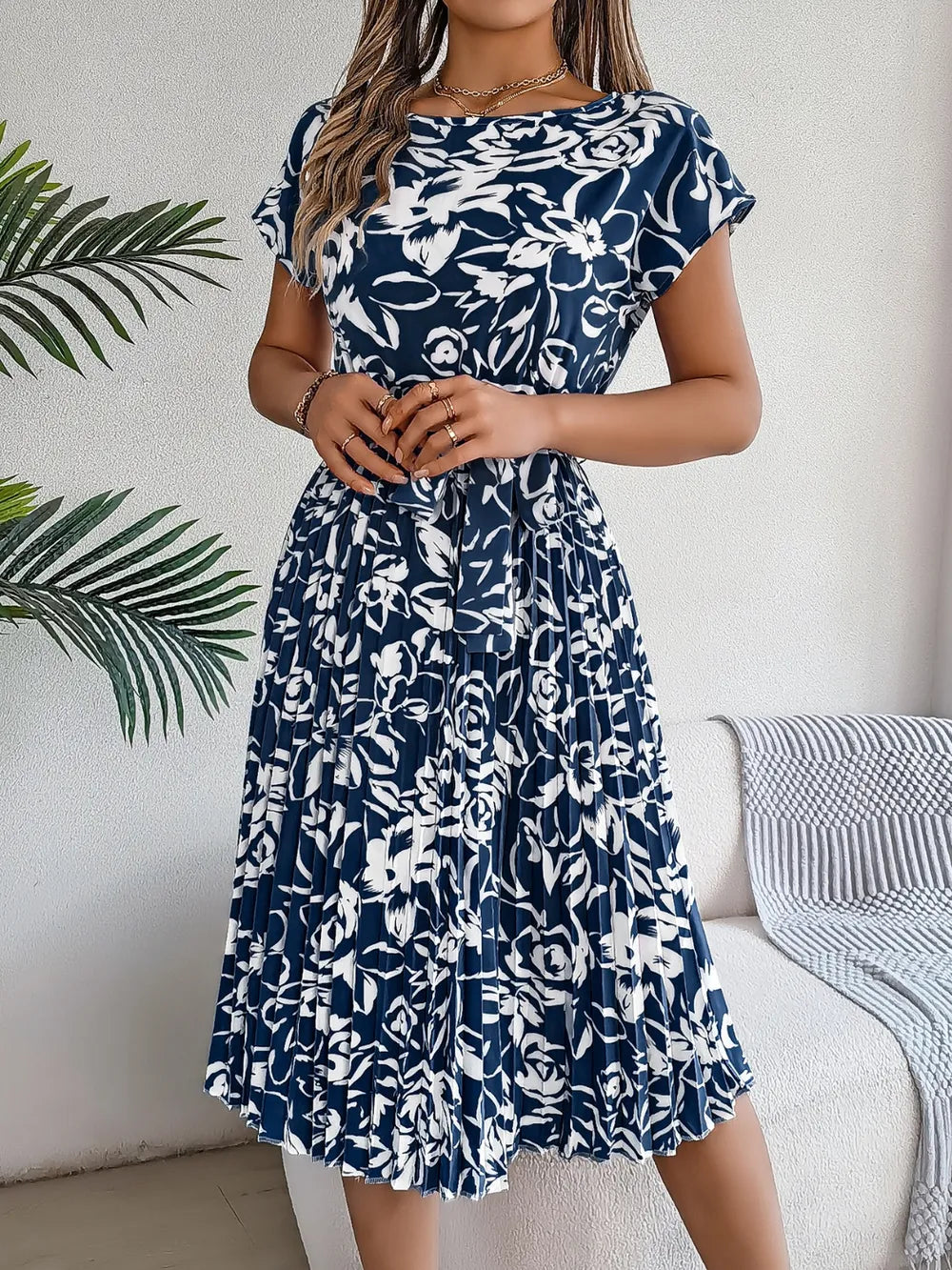 Tied Pleated Printed Short Sleeve Dress - Korvel